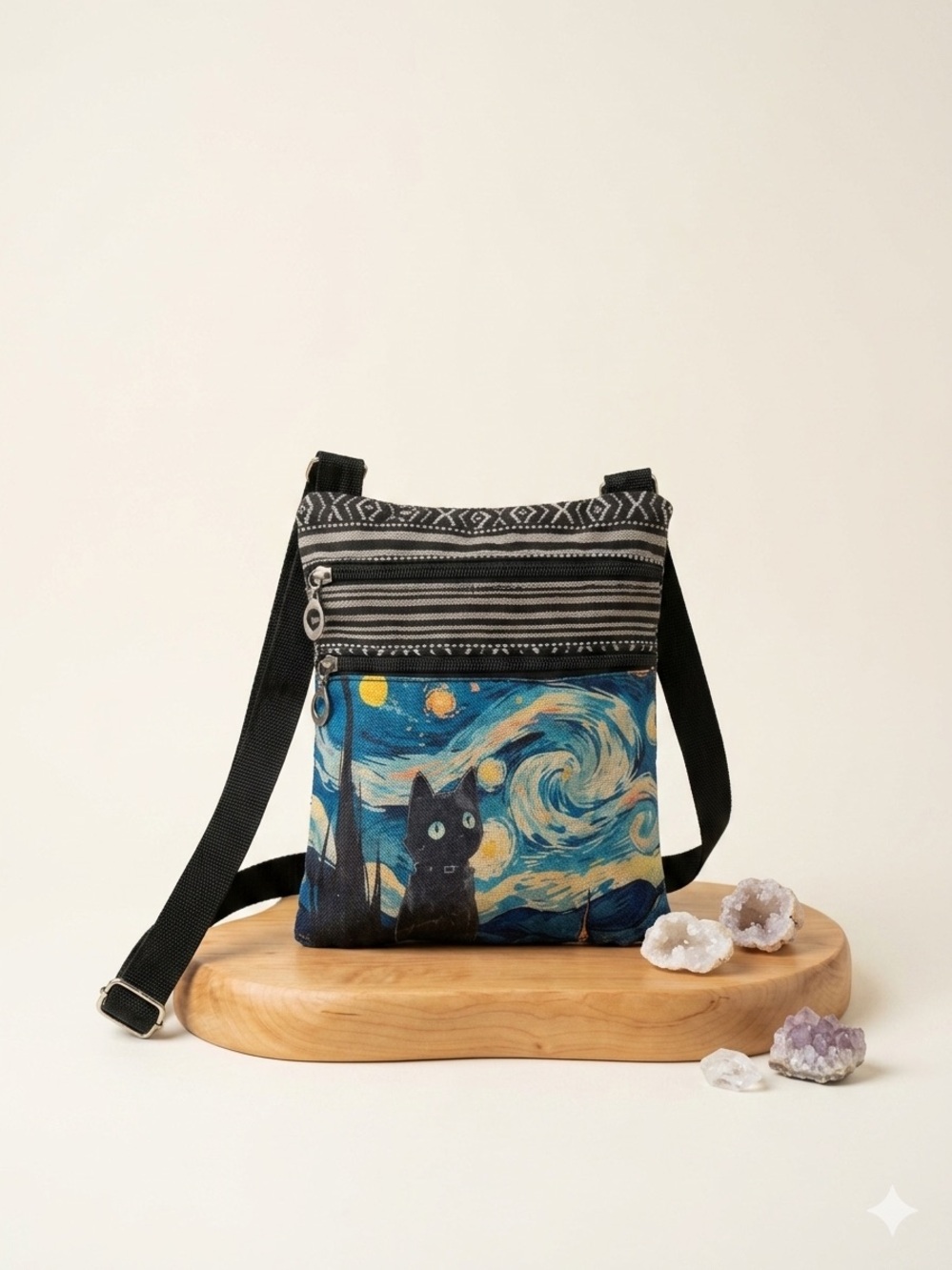 Source Unknown Black/Blue Starry Cat Crossbody Bag